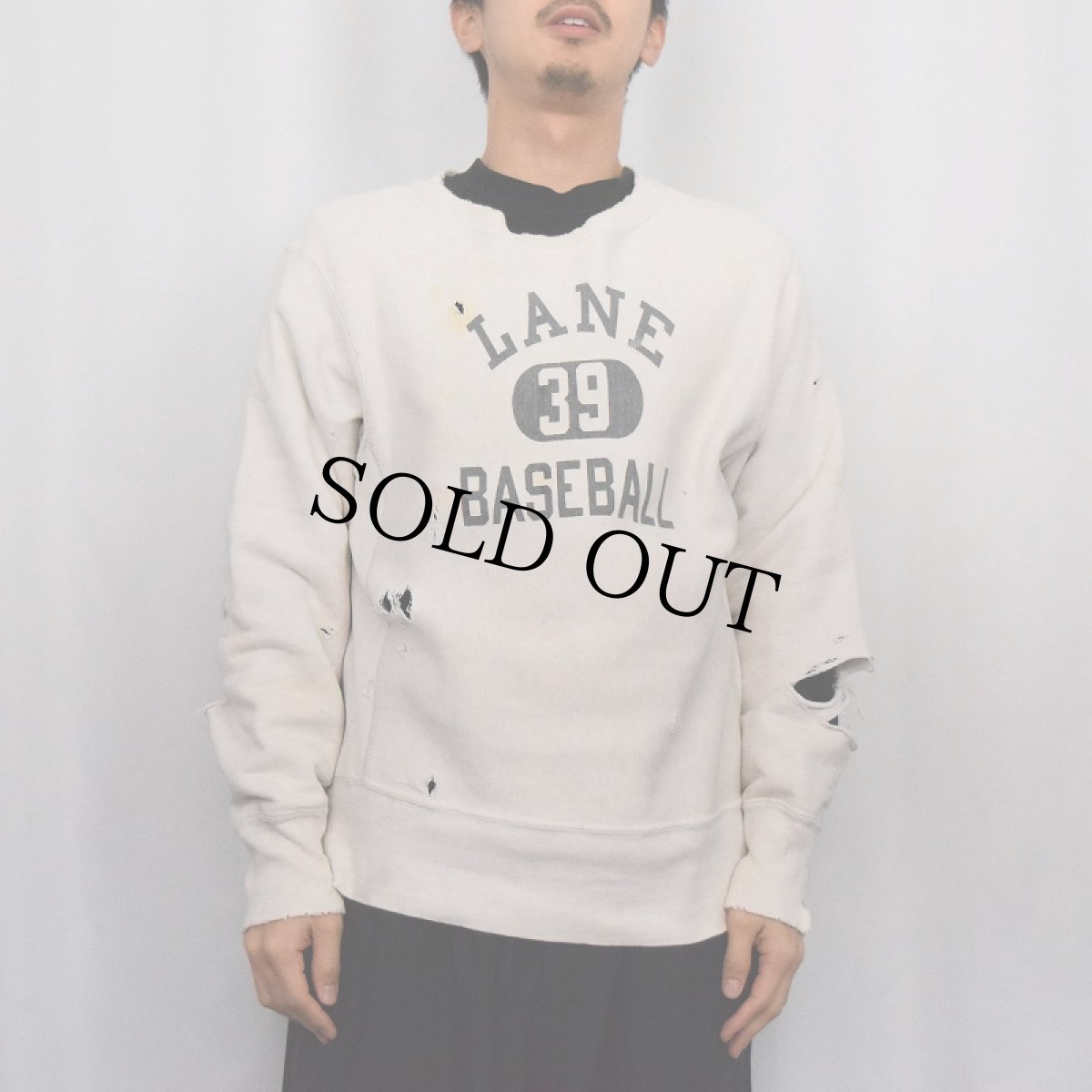 画像2: 70's Champion REVERSE WEAVE 単色タグ前期 "LANE BASEBALL 39" 染み込み 3段プリントスウェット M (2)