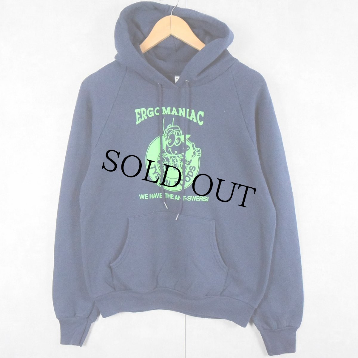 画像2: 90's USA製 "ERGOMANIAC WE HAVE THE ANT-SWERS!" プリントスウェットフーディー NAVY M (2)