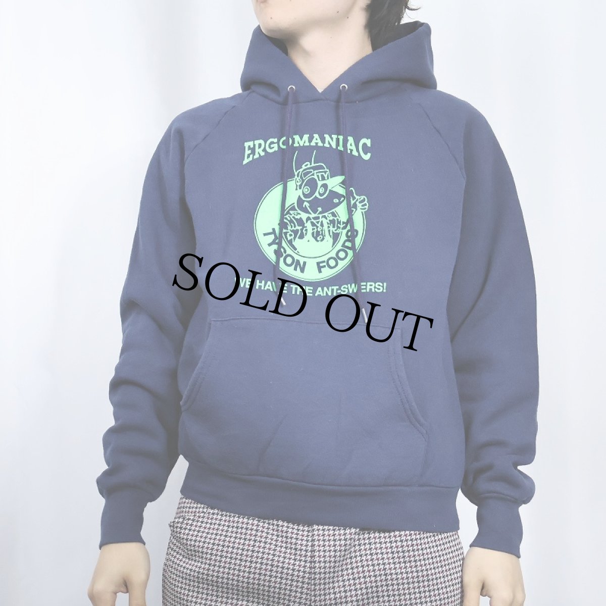 画像3: 90's USA製 "ERGOMANIAC WE HAVE THE ANT-SWERS!" プリントスウェットフーディー NAVY M (3)