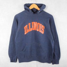 画像1: 80's USA製 "ILLINOIS" プリントラグランスウェットフーディー NAVY M (1)