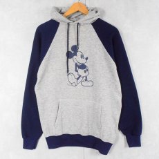 画像1: 80's Disney MICKEY MOUSE 2トーンカラー キャラクタープリント ラグランスウェットフーディー L (1)