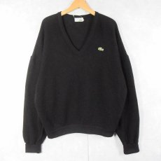 画像1: 70〜80's CHEMISE LACOSTE FRANCE製 Vネック アクリル×ウールニットセーター BLACK SIZE6 (1)