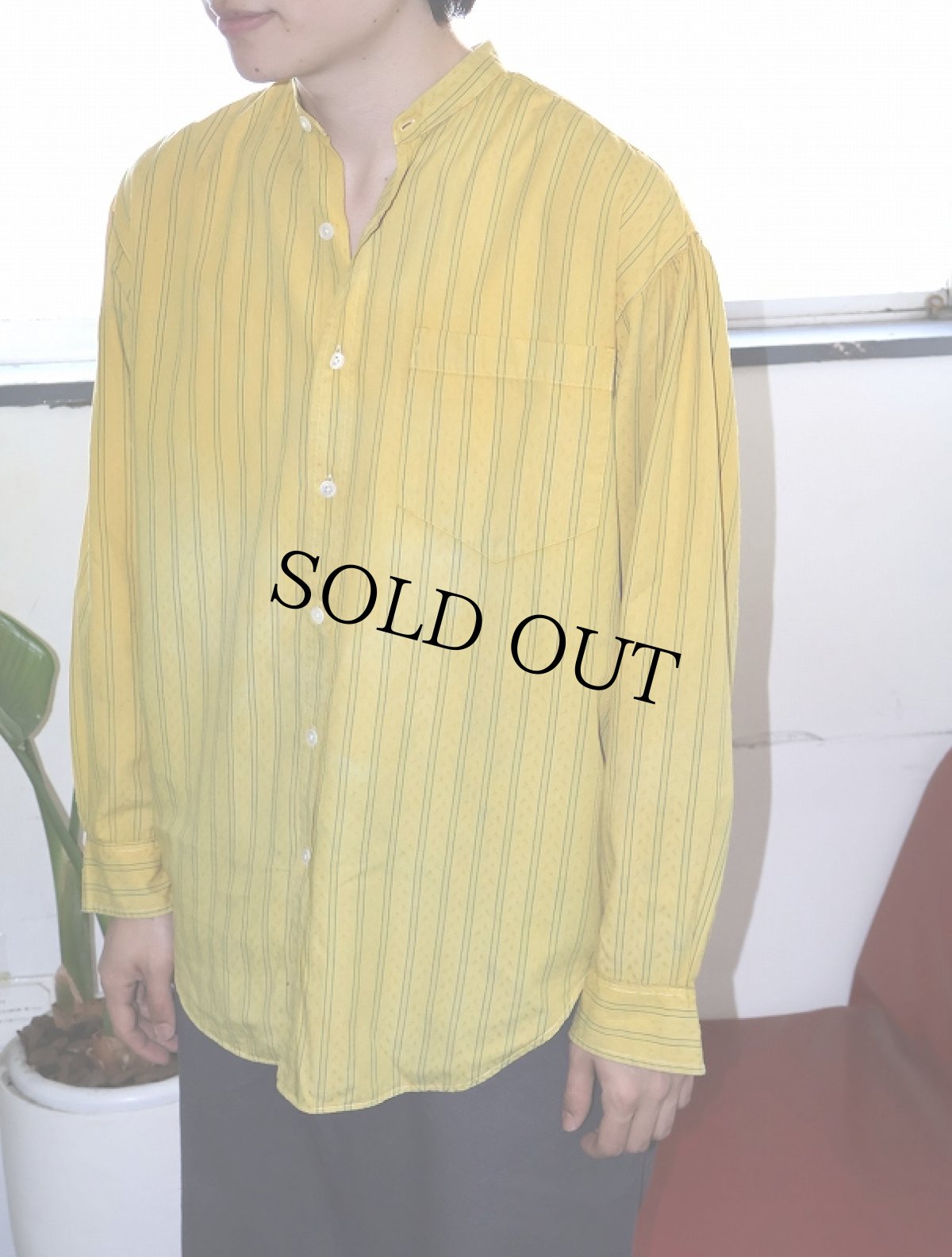 画像1: 【SALE】 Ralph Lauren 柄織 ストライプ柄 バンドカラー コットンシャツ size12 (1)