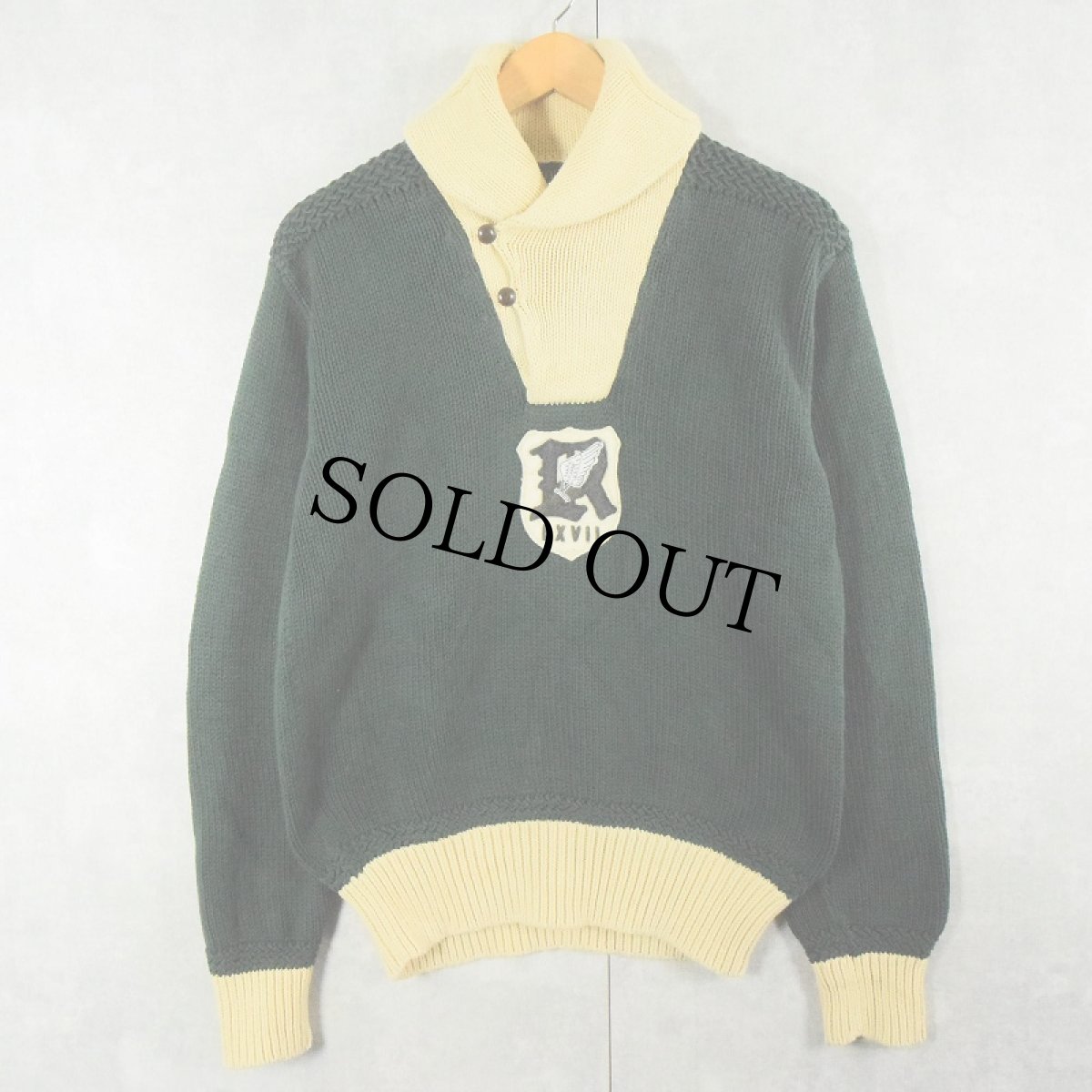 画像1: POLO Ralph Lauren ウィングフット パッチ付き ショールカラーコットンニットセーター GREEN M (1)