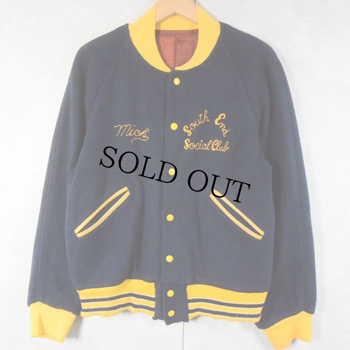 画像1: 60〜70's "South End Social Club" チェーン刺繍 ウールスタジャン NAVY (1)