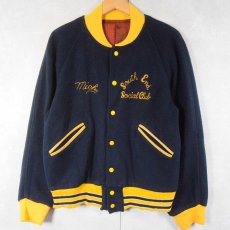 画像1: 60〜70's "South End Social Club" チェーン刺繍 ウールスタジャン NAVY (1)