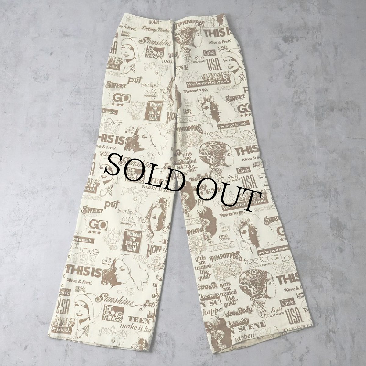 画像1: 70's 総柄プリント コットンフレアパンツ W28 (1)