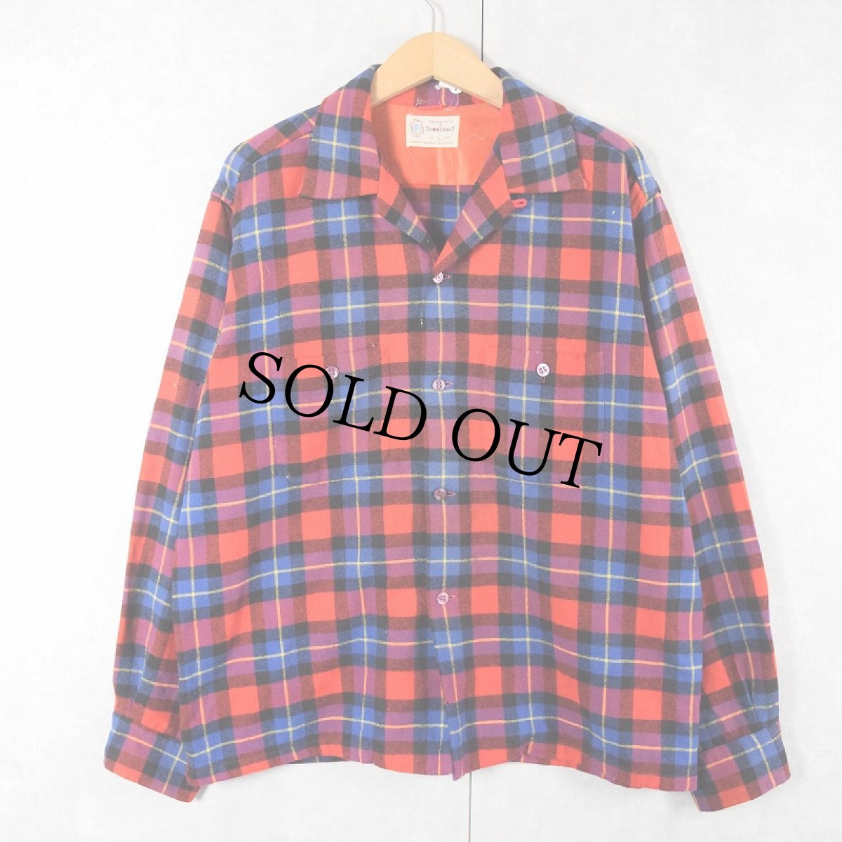 画像1: 50's PENNEY'S TOWNCRAFT チェック柄 オープンカラーウールシャツ L (1)