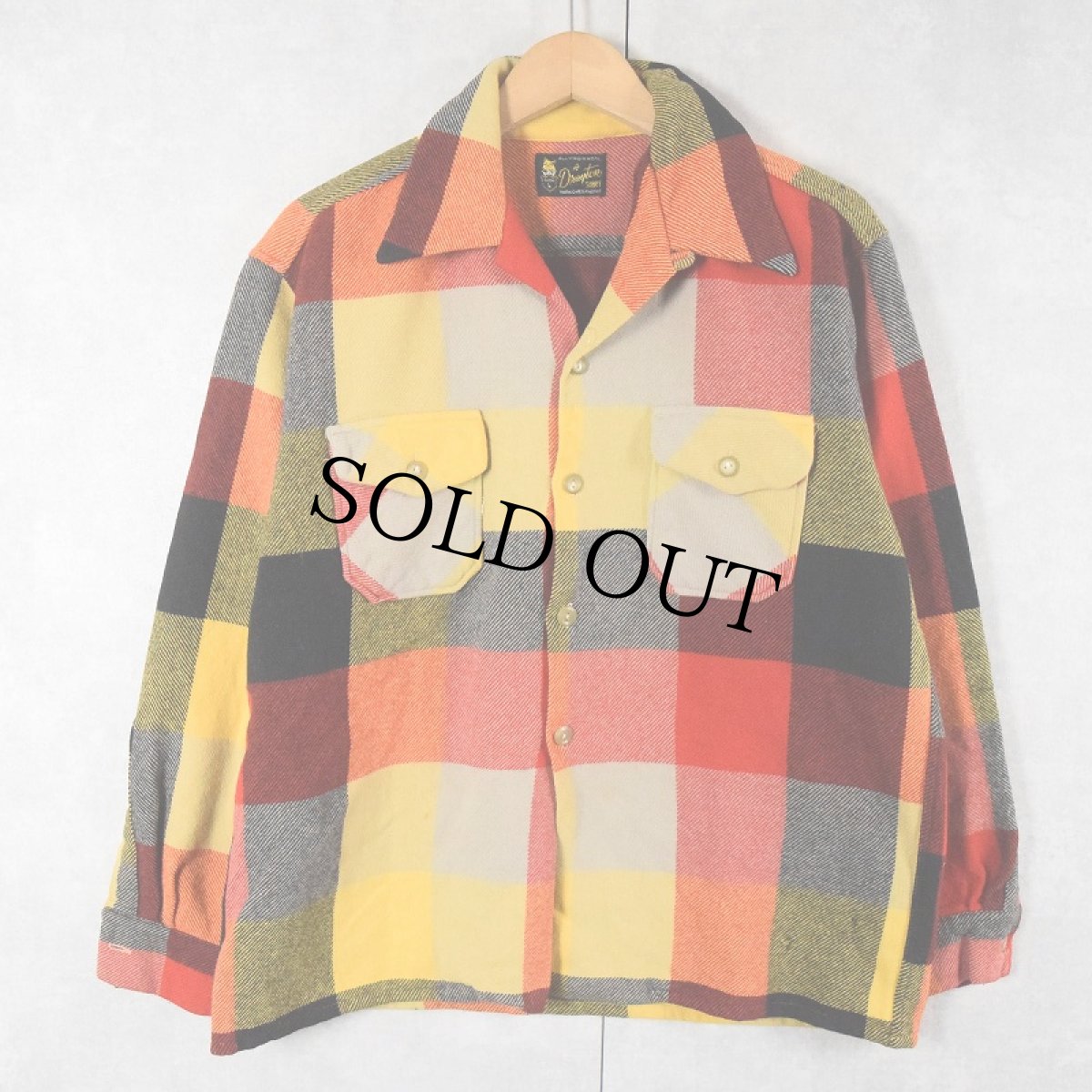 画像1: 60's Drayton ブロックチェック柄 オープンカラーウールシャツ L (1)