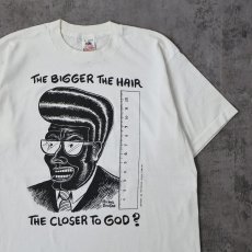 画像1: 90's Michael Dougan USA製 "THE BIGGER THE HAIR THE CLOSER TO GOD?" アートプリントTシャツ L (1)