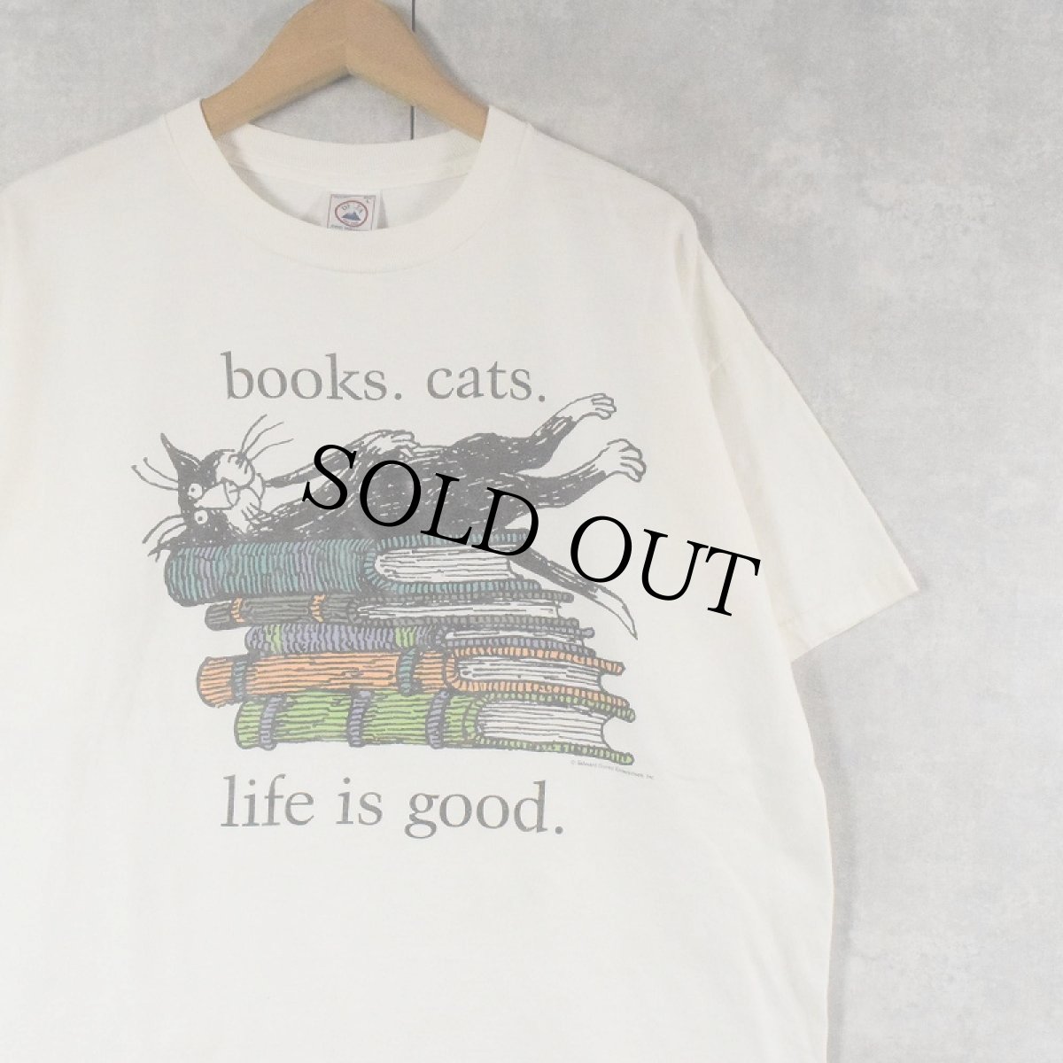 画像1: Edward Gorey USA製 "books.cats." 本×ねこプリントTシャツ L (1)