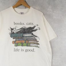画像1: Edward Gorey USA製 "books.cats." 本×ねこプリントTシャツ L (1)