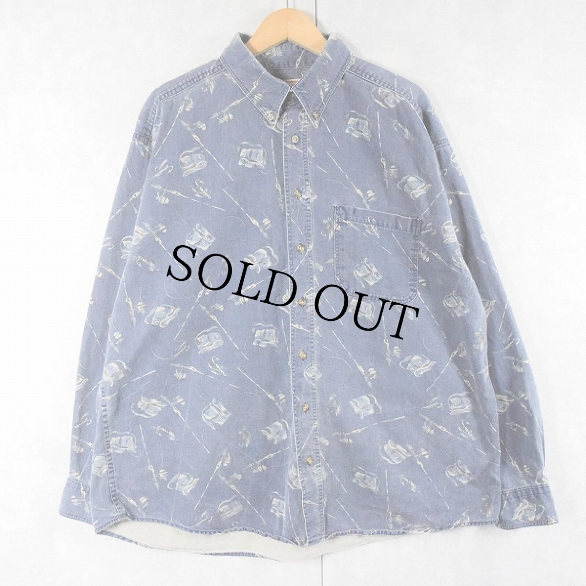 画像1: 90's Woolrich USA製 フィッシング柄 コットンボタンダウンシャツ XL (1)
