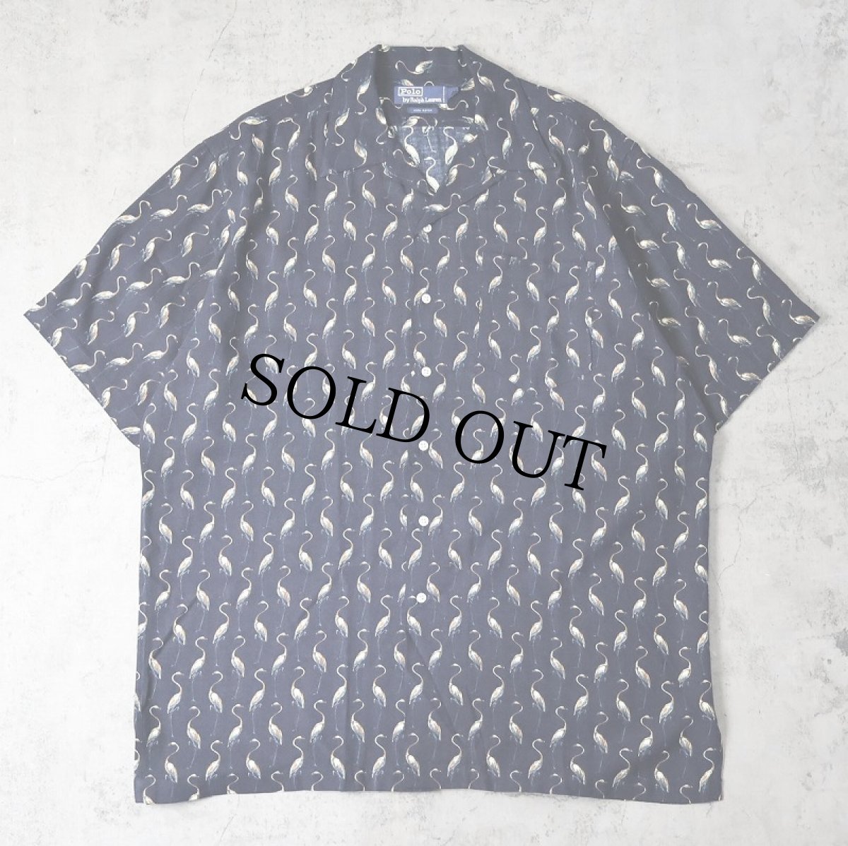 画像1: 90's POLO Ralph Lauren フラミンゴ柄 レーヨンオープンカラーシャツ NAVY M (1)
