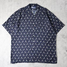 画像1: 90's POLO Ralph Lauren フラミンゴ柄 レーヨンオープンカラーシャツ NAVY M (1)