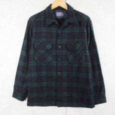 画像1: 70's PENDLETON USA製 ブラックウォッチチェック柄 ウールオープンカラーシャツ M (1)