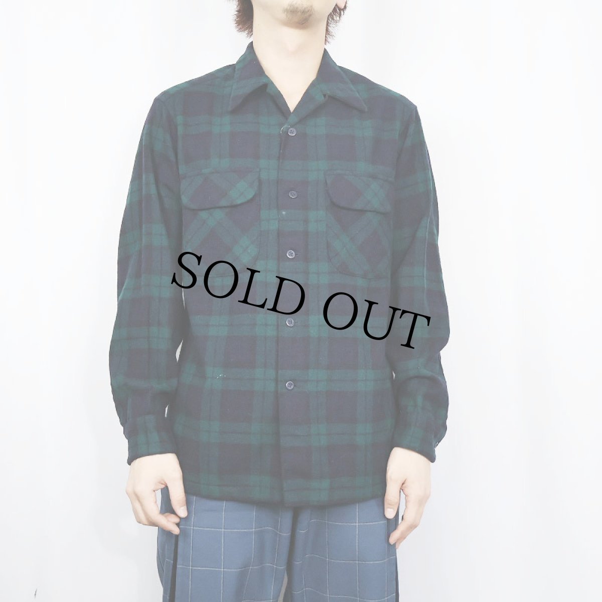 画像2: 70's PENDLETON USA製 ブラックウォッチチェック柄 ウールオープンカラーシャツ M (2)