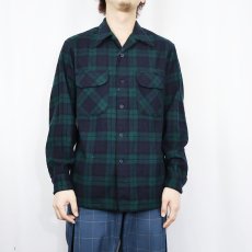 画像2: 70's PENDLETON USA製 ブラックウォッチチェック柄 ウールオープンカラーシャツ M (2)