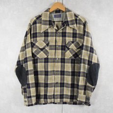 画像1: 70's PENDLETON USA製 チェック柄 エルボーパッチ付き ウールオープンカラーシャツ L (1)