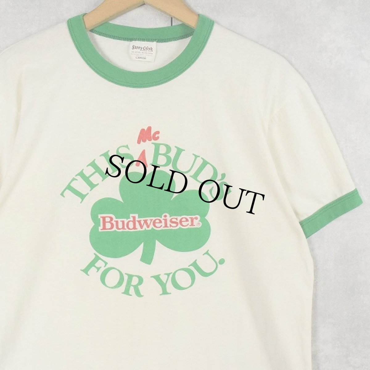 画像1: 80's Budwiser USA製 ビールメーカープリントリンガーTシャツ L (1)