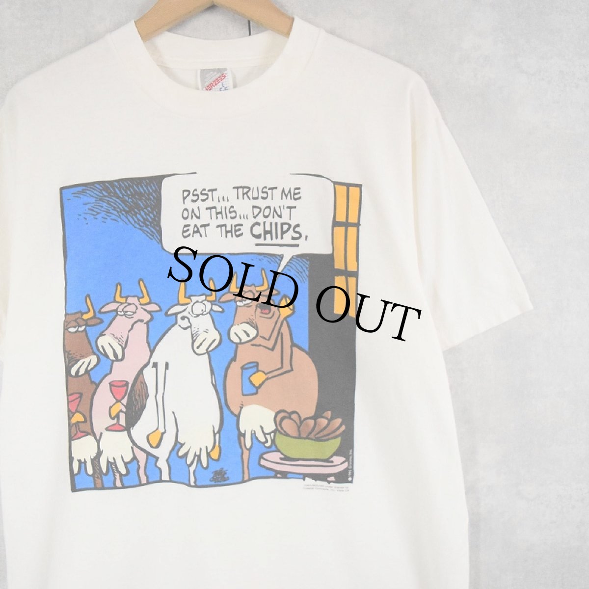 画像1: 90's GRIMMY USA製 "PSST... TRUST ME ON THIS... DON'T EAT THE CHIPS." シュールイラストプリントTシャツ L (1)