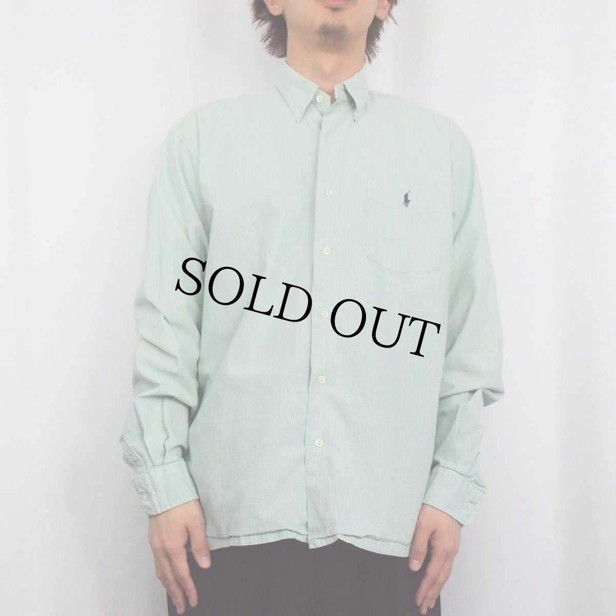 画像2: Ralph Lauren "GREGGOR" 3点留め ストライプ柄 シアサッカーボタンダウンシャツ M (2)