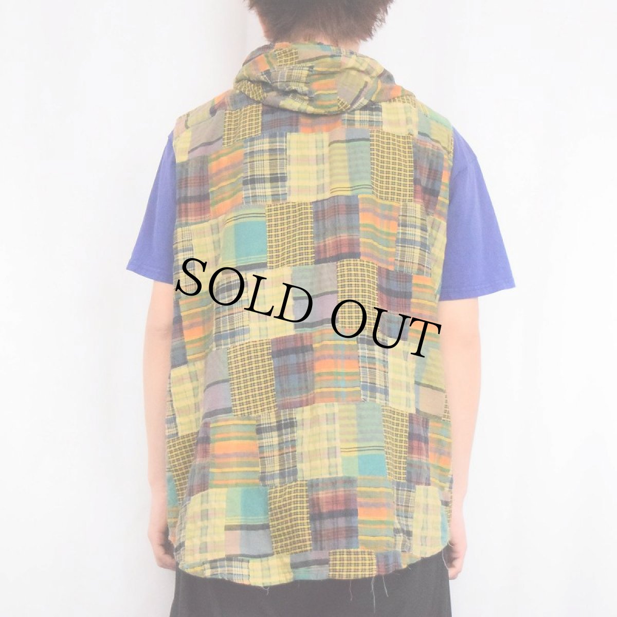 画像3: 〜90's In Style マドラスチェック柄 パッチワーク フード付きベスト (3)