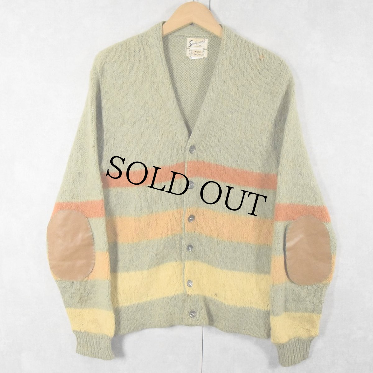 画像1: 60〜70's Sedgewick ボーダー柄 エルボーパッチ付き ウール×モヘアニットカーディガン M (1)