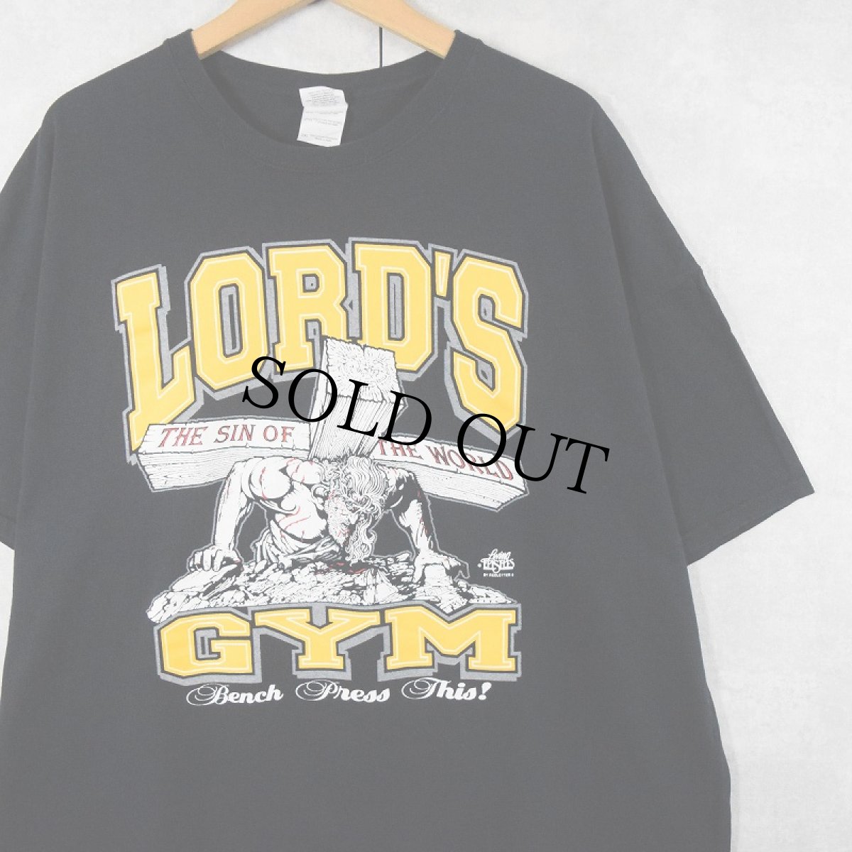 画像1: LORD'S GYM "HIS PAIN YOUR GAIN" ジーザス パロディプリントTシャツ 2XL (1)