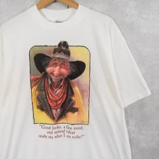 画像1: 90's Mike Scovel USA製 "Good looks, a fine..." イラストプリントTシャツ タグ付き未使用 XL (1)