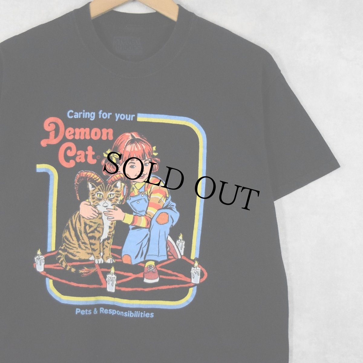 画像1: Steven Rhodes "Demon Cat" イラストプリントTシャツ BLACK M (1)