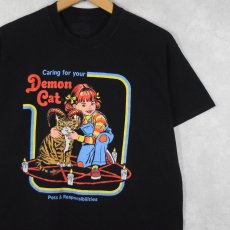 画像1: Steven Rhodes "Demon Cat" イラストプリントTシャツ BLACK M (1)