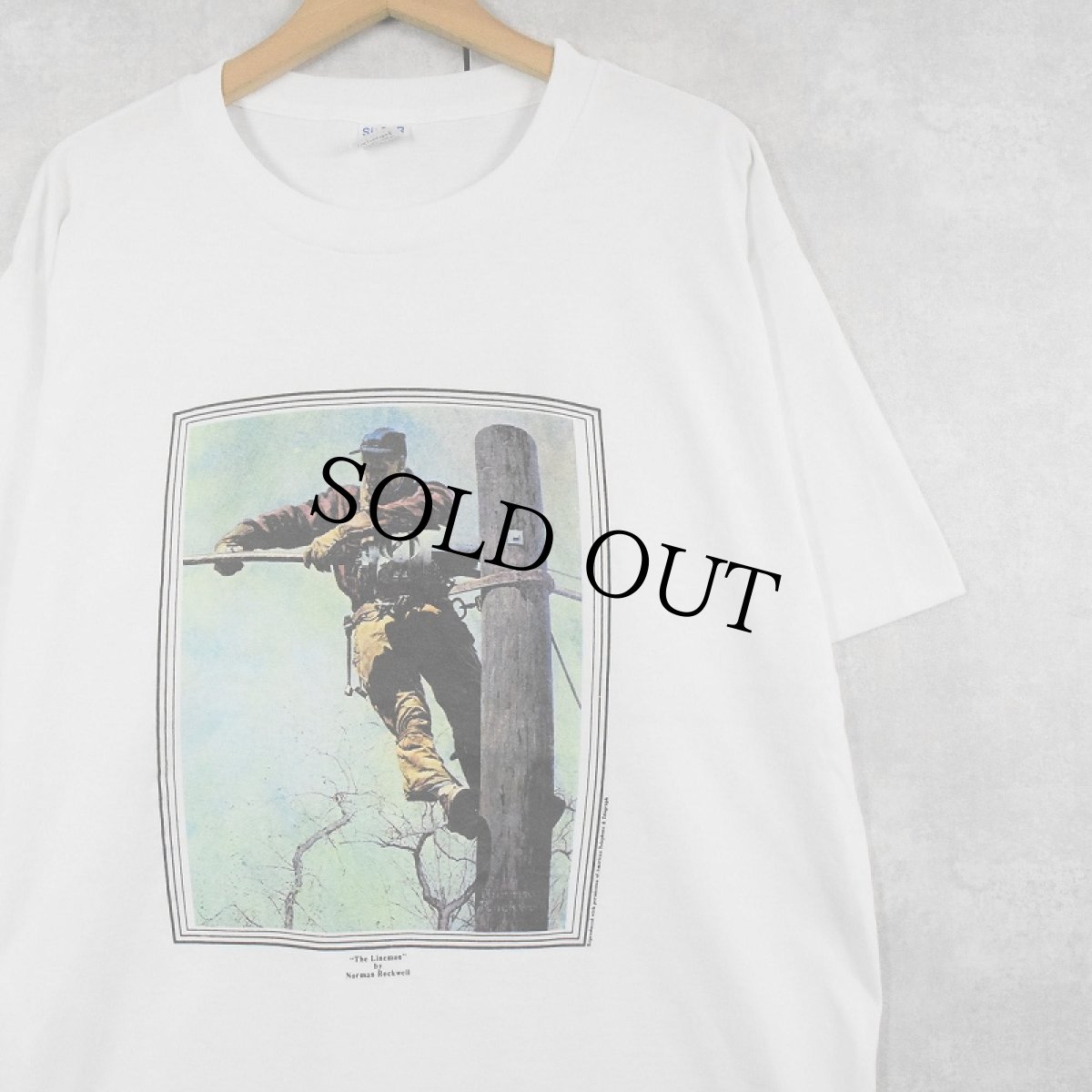 画像1: 90's Norman Rockwell USA製 "The Lineman" アートプリントTシャツ XL (1)