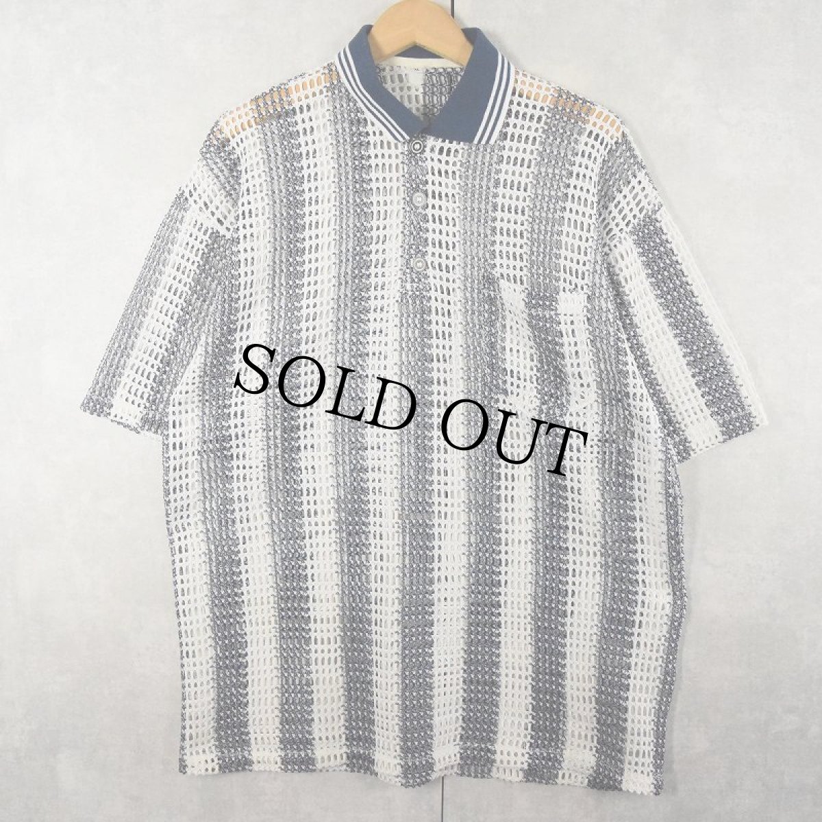 画像1: ストライプ柄 メッシュポロシャツ XL (1)