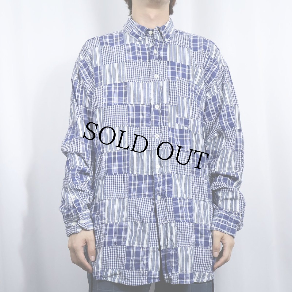 画像2: 90's CONTEXT ストライプ柄×チェック柄 パッチワーク コットンボタンダウンシャツ (2)