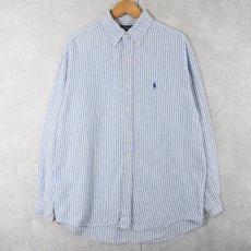 画像1: Ralph Lauren "BLAKE" ロゴ刺繍 ストライプ柄 リネンボタンダウンシャツ M (1)
