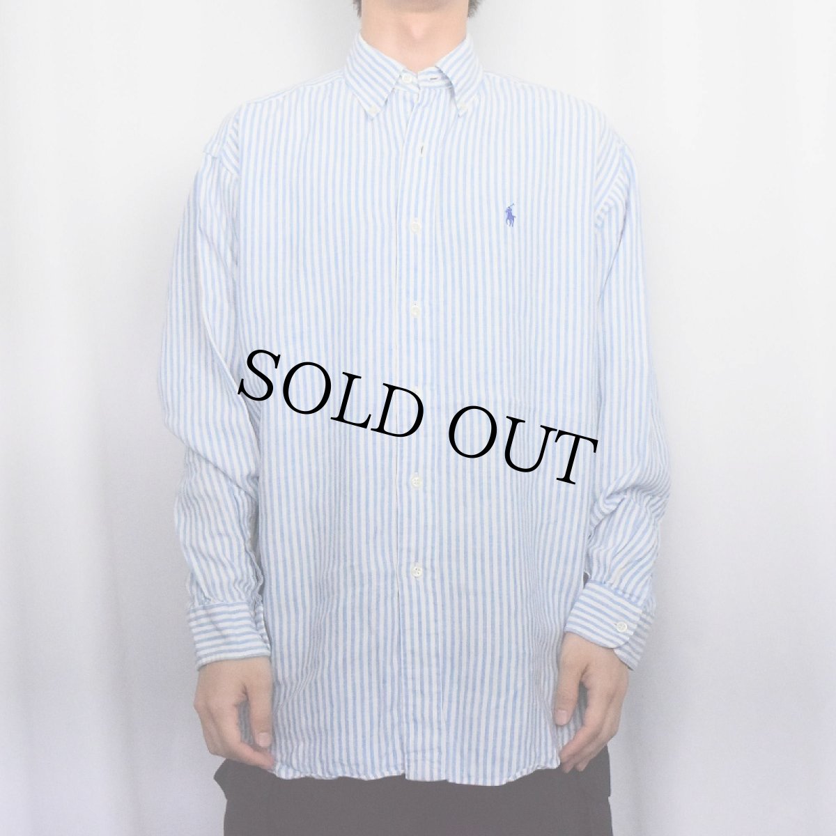 画像2: Ralph Lauren "BLAKE" ロゴ刺繍 ストライプ柄 リネンボタンダウンシャツ M (2)
