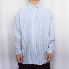 画像2: Ralph Lauren "BLAKE" ロゴ刺繍 ストライプ柄 リネンボタンダウンシャツ M (2)