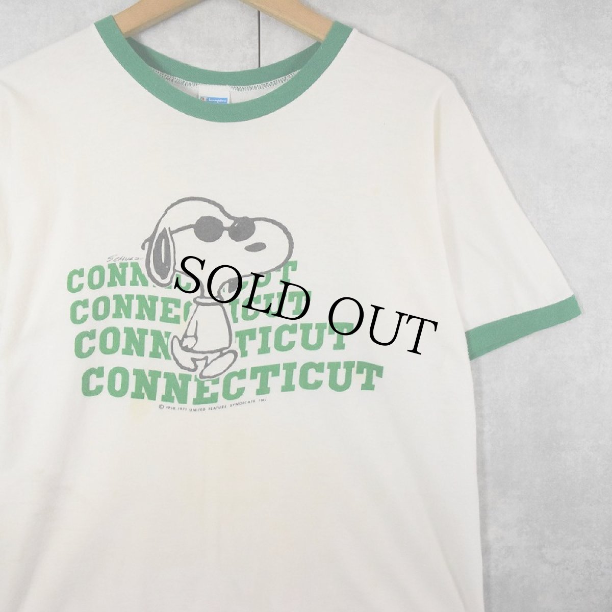 画像1: 70's Champion SNOOPY バータグ USA製 "CONNECTICUT" キャラクタープリント リンガーTシャツ L (1)