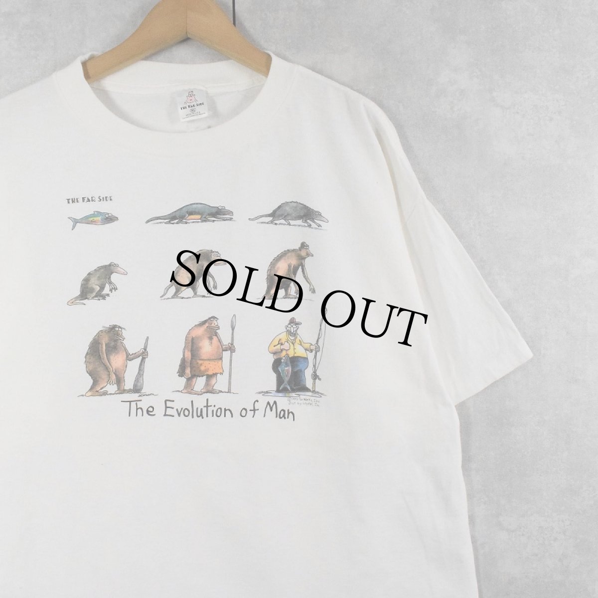 画像1: 90's THE FAR SIDE USA製 "The Evolution of Man" シュールイラストプリントTシャツ L  (1)