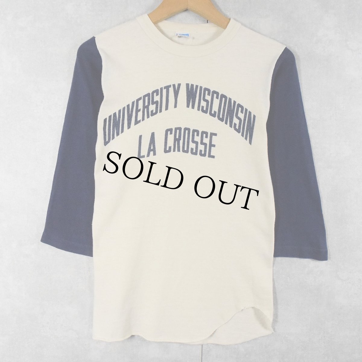 画像1: 70's Champion バータグ "UNIVERSITY WISCONSIN LA CROSSE" 染み込みプリント ベースボールTシャツ S (1)