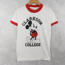 画像1: 80's MICKEY MOUSE USA製 "CLAKSON COLLEGE" キャラクタープリントリンガーTシャツ DEADSTOCK M (1)
