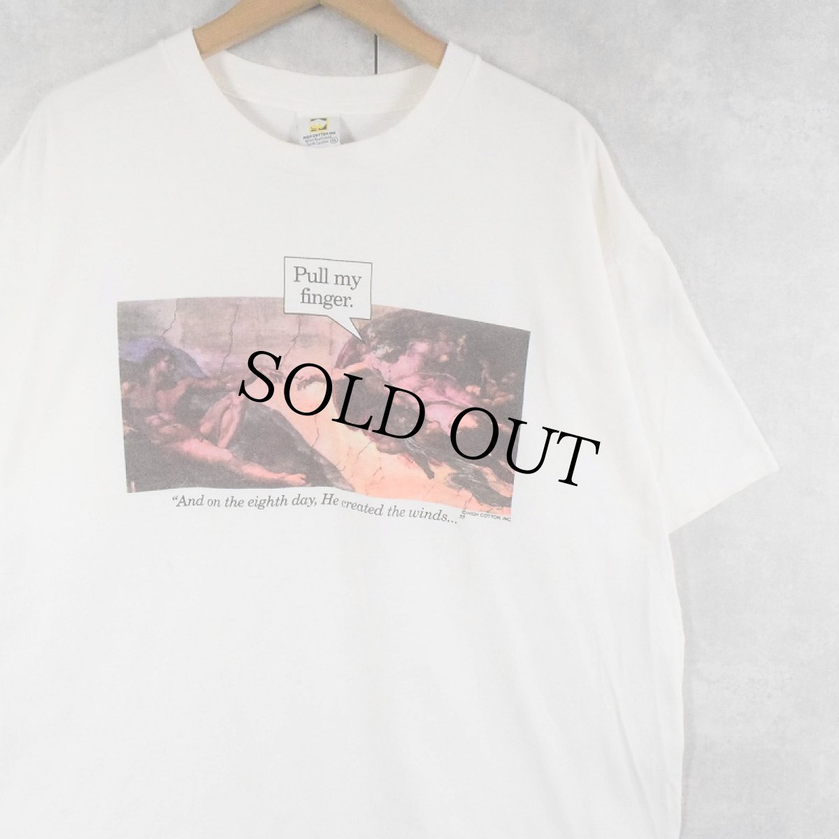 画像1: 90's Michelangelo アダムの創造 USA製 "Pull my finger." パロディプリントTシャツ XL (1)