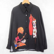 画像1: 80〜90's Lisa Mia USA製 アート柄 ポリエステルシャツ BLACK XL (1)