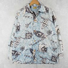 画像1: 40〜50's Waikiki specialty shop オールオーバーパターン コットン長袖アロハシャツ (1)