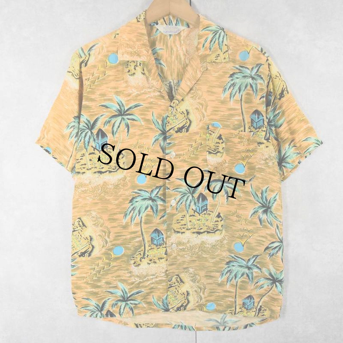 画像1: 50's ALOHA SHIRTS HAND SCREENED ヤシの木柄 オールオーバーパターン レーヨンアロハシャツ M (1)