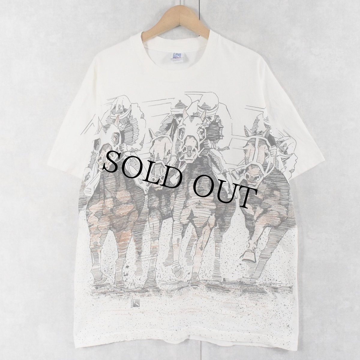 画像1: 90's USA製 競馬柄 大判プリントTシャツ XXL (1)