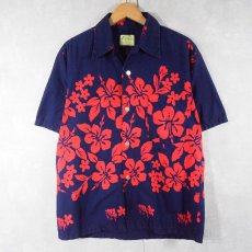 画像1: 70's Ui-Maikai HAWAII製 ホリゾンタルパターン ハイビスカス柄 コットンアロハシャツ NAVY (1)