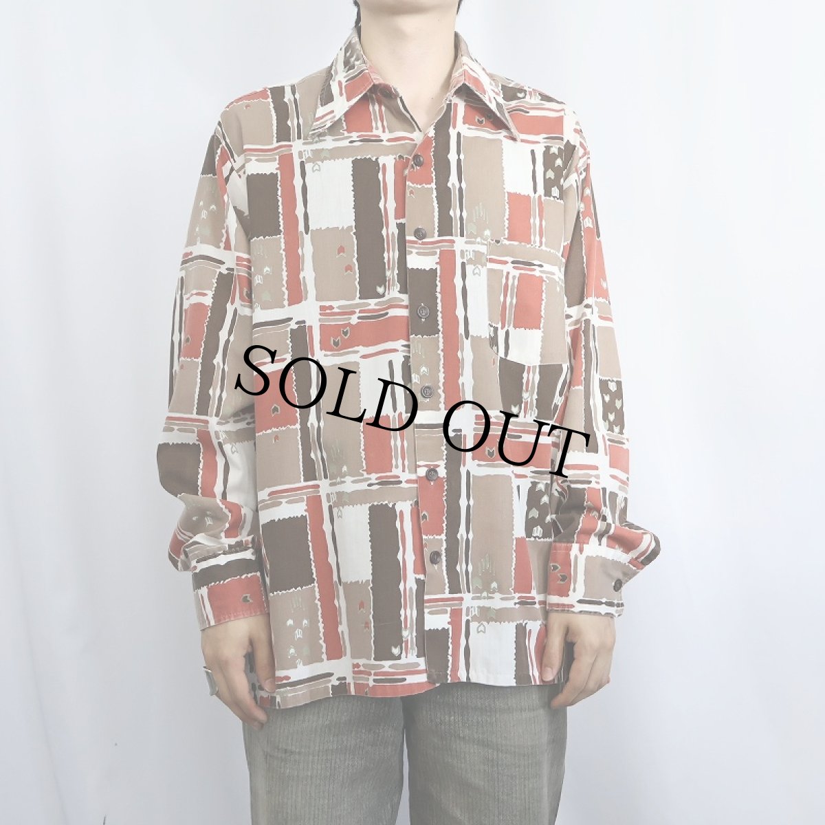 画像2: 70's JCPenney プリントポリエステル×コットンシャツ L (2)