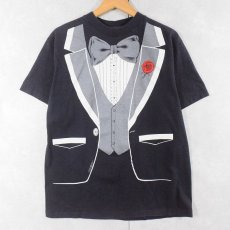 画像1: 90's USA製 タキシード柄 騙し絵プリントTシャツ NAVY L (1)